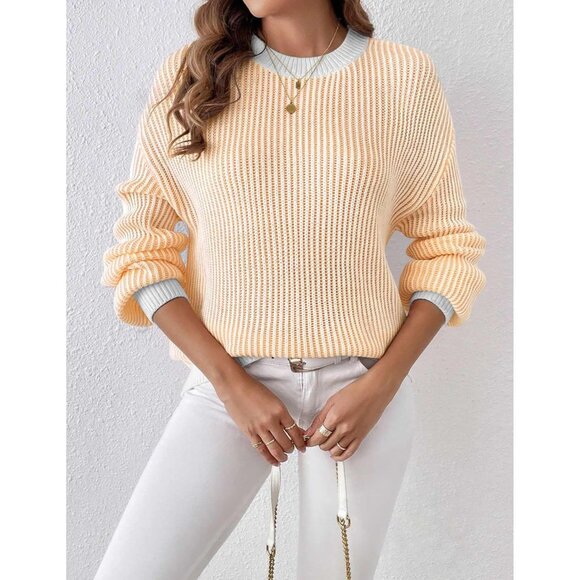 Women's Long Sleeve Ribbed Knit Pullover Khaki Casual Sweaters Blouse Top - Picture 3 of 5